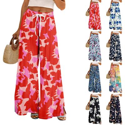 Women Summer Boho Palazzo Pants High Waist Wide Leg Floral Printing Casual Trousers With Pockets