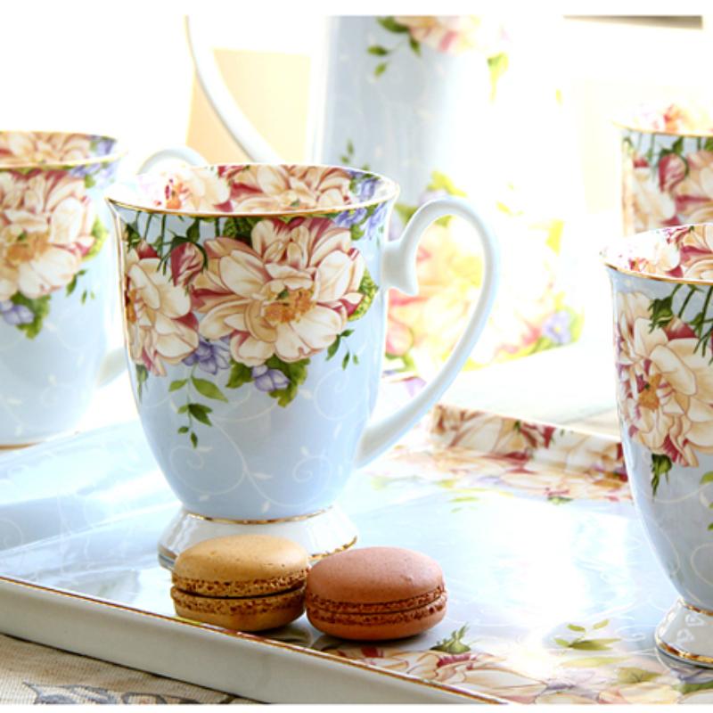 300ml Bone China Coffee Mugs- Blue Pink Elegant Floral Tea Mug with Gold Trim, Large Capacity Ceramic Cup for Coffee Tea and Milk for Home Office