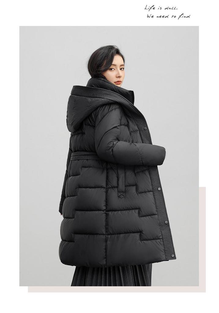 European Women's Over-the-Knee Down Cotton Jacket - Long, Waist-Cinched, Thickened Winter Outerwear.
