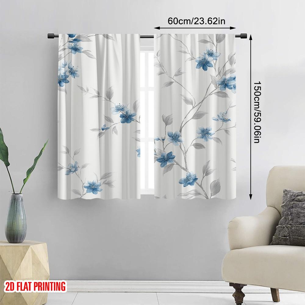 2D Flat Printing 2pcs Drapes Blue Floral Branches Watercolor 100% Polyester Fabric Without Electricity 0 Use for All Occasions