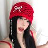 Hollow Out Bow Pearl Beanies Bohemian Style Knit Cap Cute Ethnic Style Hat  Outdoor