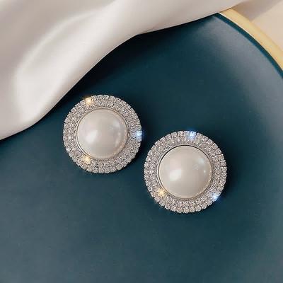 Huitan Gorgeous Simulated Pearl Stud Earrings Hyperbole Luxury Shinning CZ Accessories Delicate Wedding Party Jewelry for Women