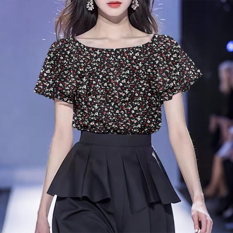 

ZANZEA Женская повседневная блузка с цветочным принтом и короткими рукавами-рюшами 4XL чёрный