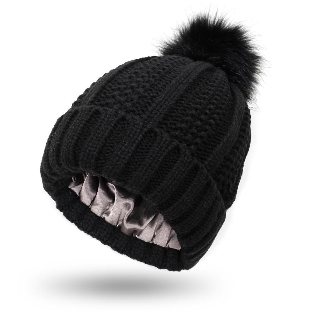 Satin Lined Winter Hat Beanie For Women Men, Knitted Wool Crochet Cap With Fashion Fur Ball Pompom Winter Stretchy Warm Hat чёрный