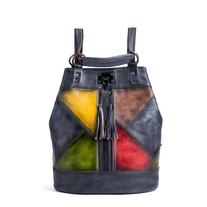 Johnature Vintage Natural Cow Leather Women Backpack Travel Bag Large Capacity Handmade Embossed Female Shoulder Bags