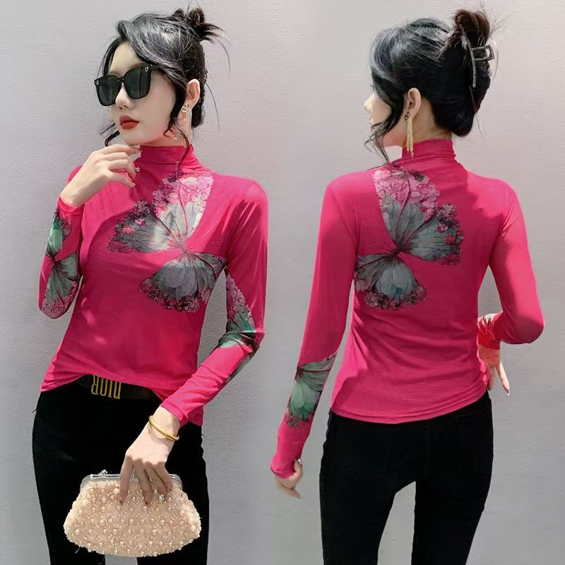 Mesh Temperament Bottoming New Fashion Women's Long-sleeved Printed High-neck T-shirt Top Slim