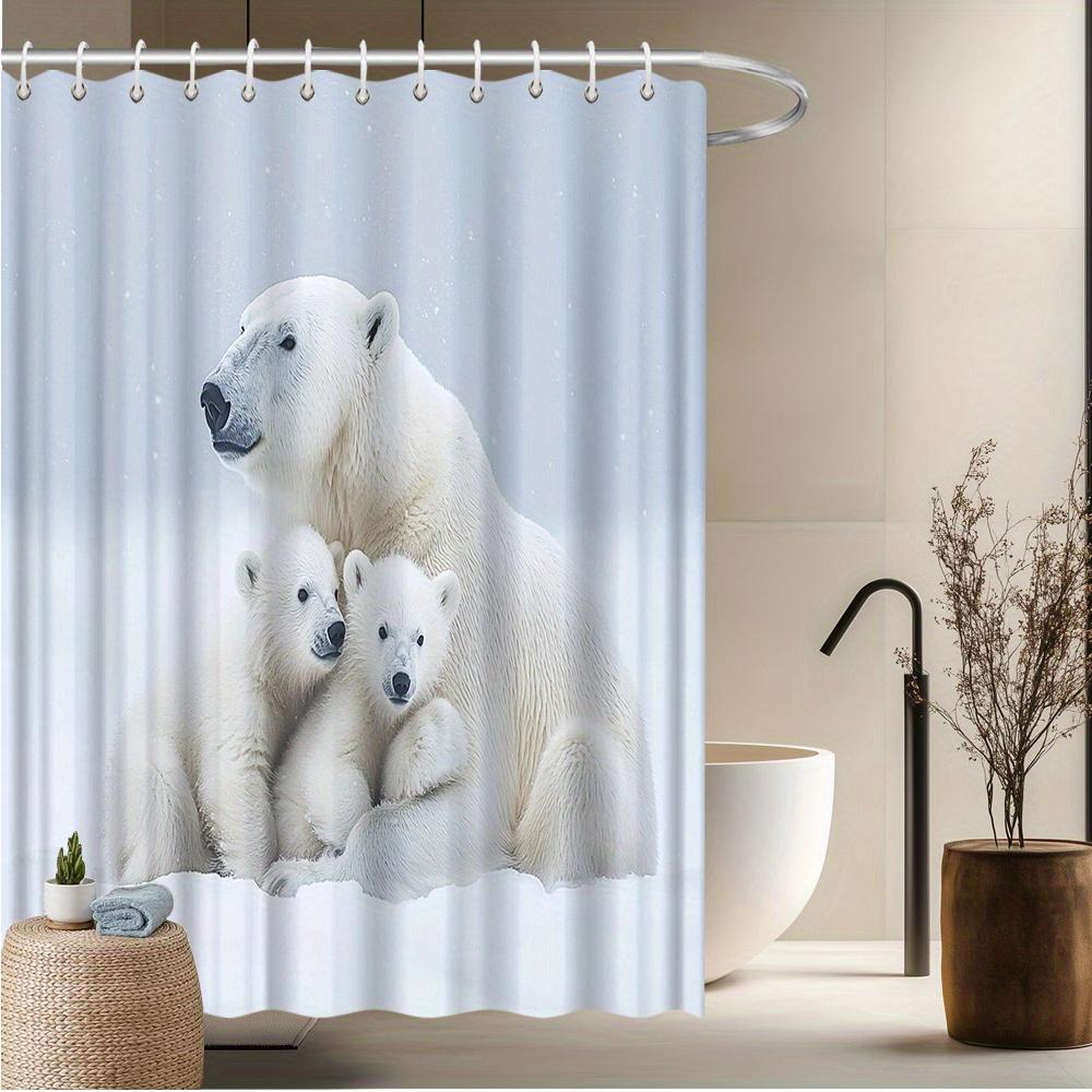 Polar Bear Family Shower Curtain, Mother & Cubs Snowy Scene,  Fade-Resistant & Machine Washable, Winter-Themed Bath Decor W90xH180cm