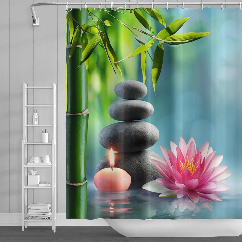 Spa Buddha Water Yoga Shower Curtain Rural Landscape Creek Stone Lotus Buddha Waterproof Polyester Bathroom Curtain With Hooks