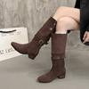Suede Pile High Heel Thick Heel Autumn and Winter Two Wear Long Tube Medium Boots Pointed Belt Buckle Fashion Boots 2025 Women's New Models