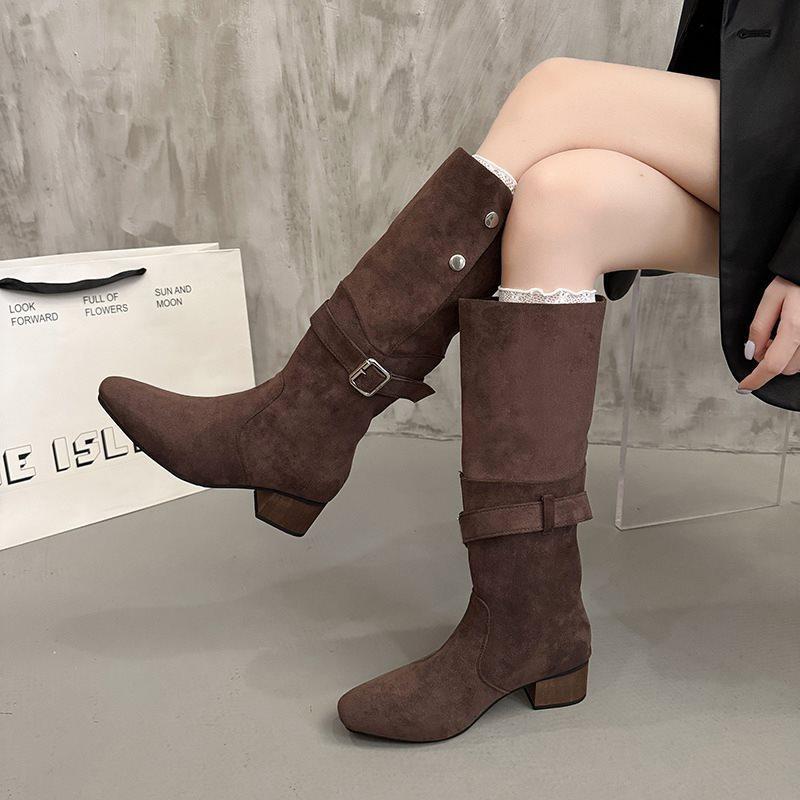 Suede Pile High Heel Thick Heel Autumn and Winter Two Wear Long Tube Medium Boots Pointed Belt Buckle Fashion Boots 2025 Women's New Models
