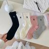 Cream-colored Bow Mid-calf Socks for Women's Spring and Summer, Thin Perforated Mesh Breathable Twisted Pile Socks
