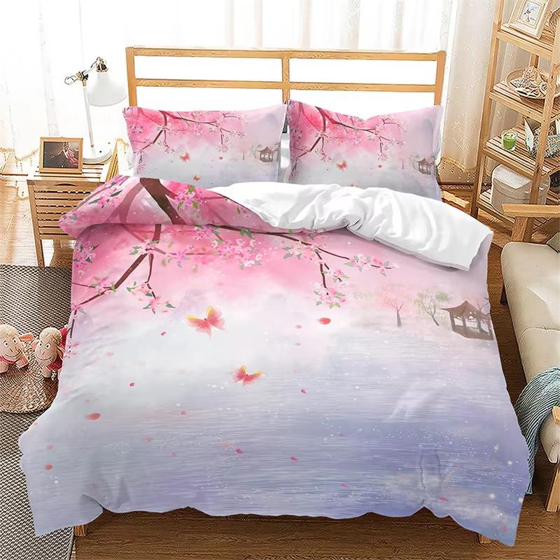 Pale Pink Floral Duvet Cover Japanese Cherry Blossoms Theme Bedding Set Microfiber Spring Scenery Quilt Cover Queen For Girl Boy