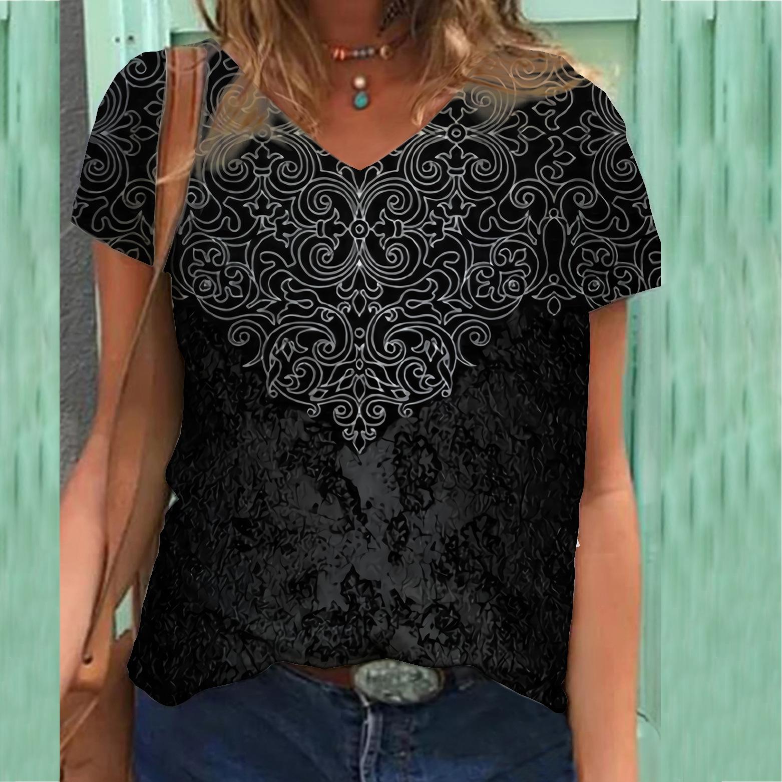 

Футболка больших размеров, винтажная цветочная тематическая серия, футболка с 3D-принтом, V-образный вырез, женские футболки с короткими рукавами, топ 7XL