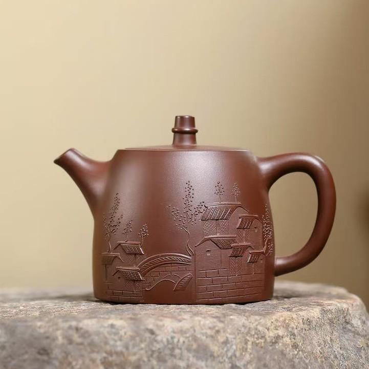 Yixing Zisha Teapot: Handmade, Engraved Han Duo Design with Original Ore Bottom Slot - Clear Tea Set.