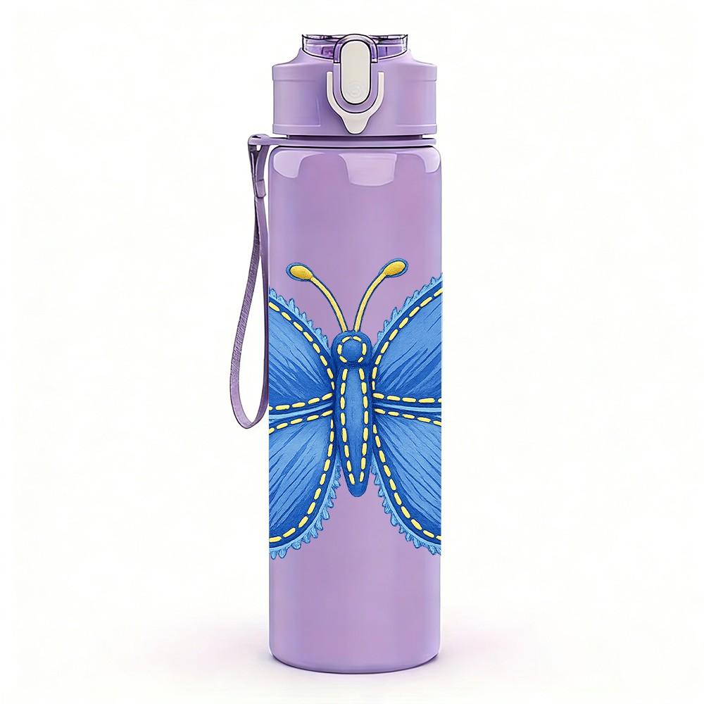 1PC Blue Butterfly Embroidery Style Print 750ml Color Plastic Sports Water Bottle Leakproof Flip Straw Lid Suitable for Sports Office Home Use
