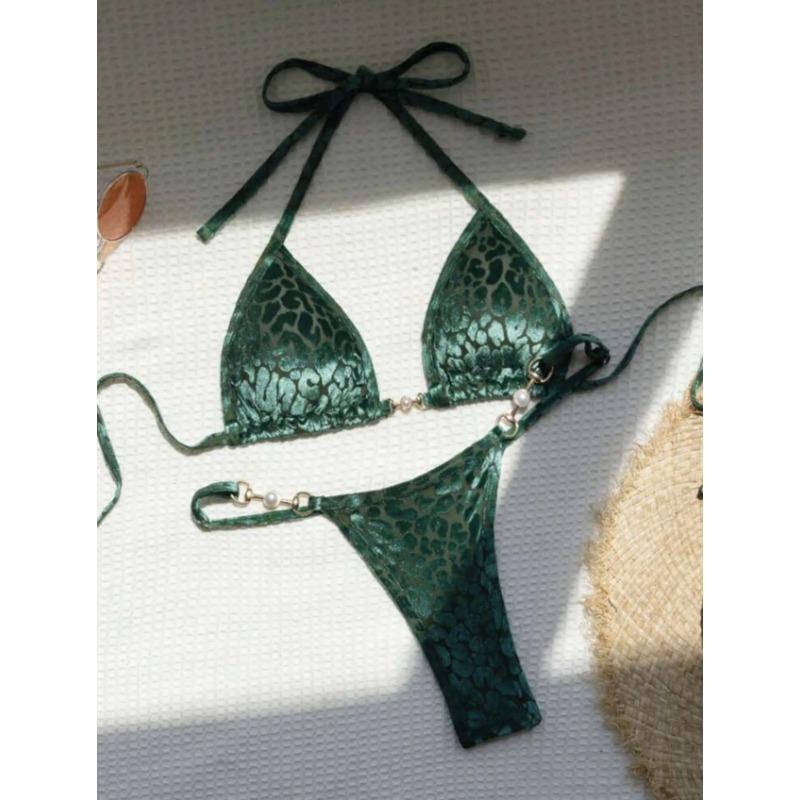 2025 Estate Brasiliana Donna Leopardo Perla Costume da Bagno Abbigliamento da Spiaggia Perizoma Set Due Pezzi Tessuto Speciale Scollo all'americana Costume da Bagno Bikini