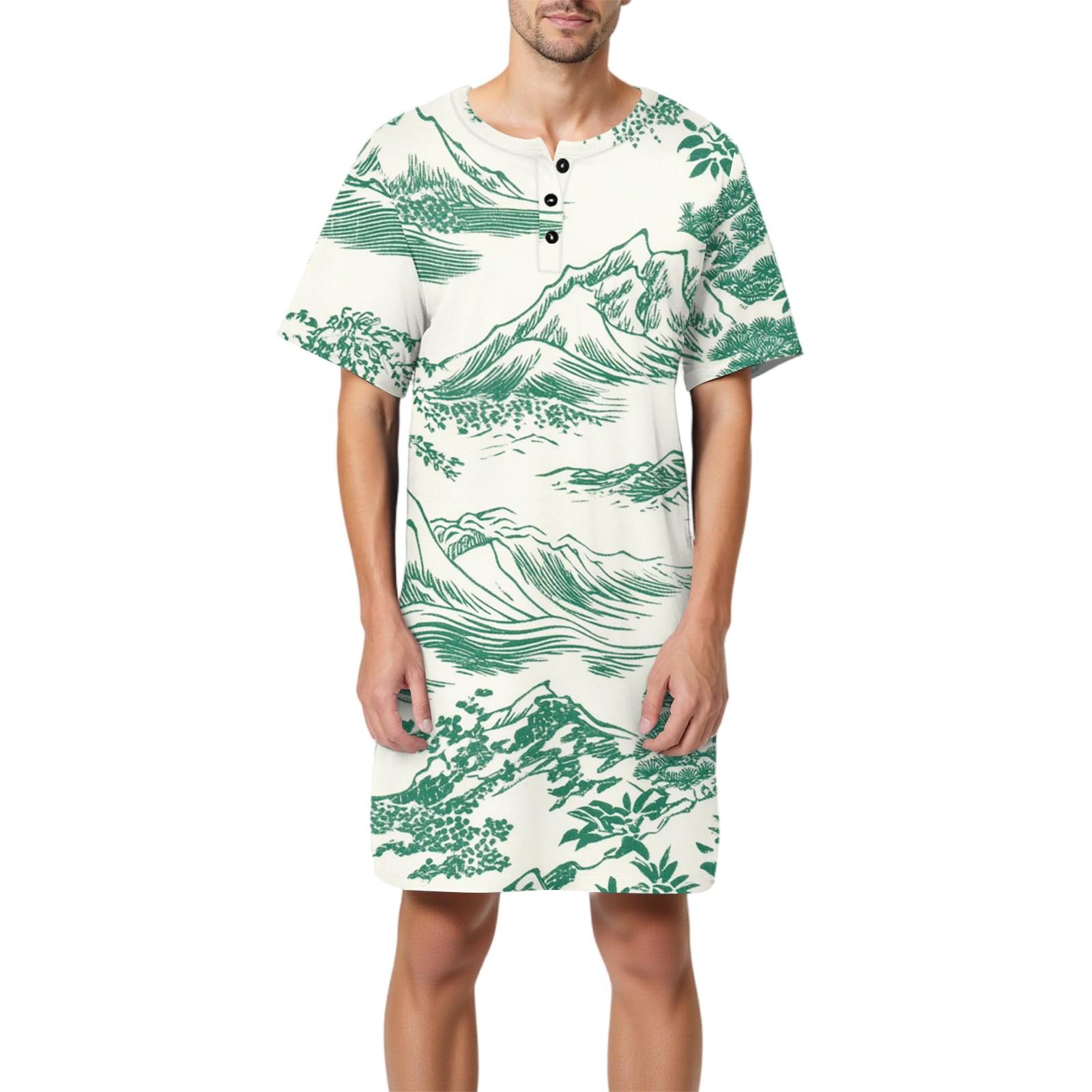 

Мужская мода Принтованная хлопковая пижама с коротким рукавом Воротник на пуговицах Длинная свободная домашняя одежда XXXL белый