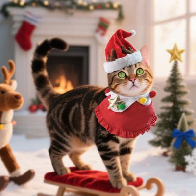 Weihnachts Katzenkostüm Set Weihnachtsmannmütze und Lätzchenkragen Weihnachtsfeier Haustier Outfit für kleine Hunde Katzen Feiertagsverkleidung Foto-Requisiten