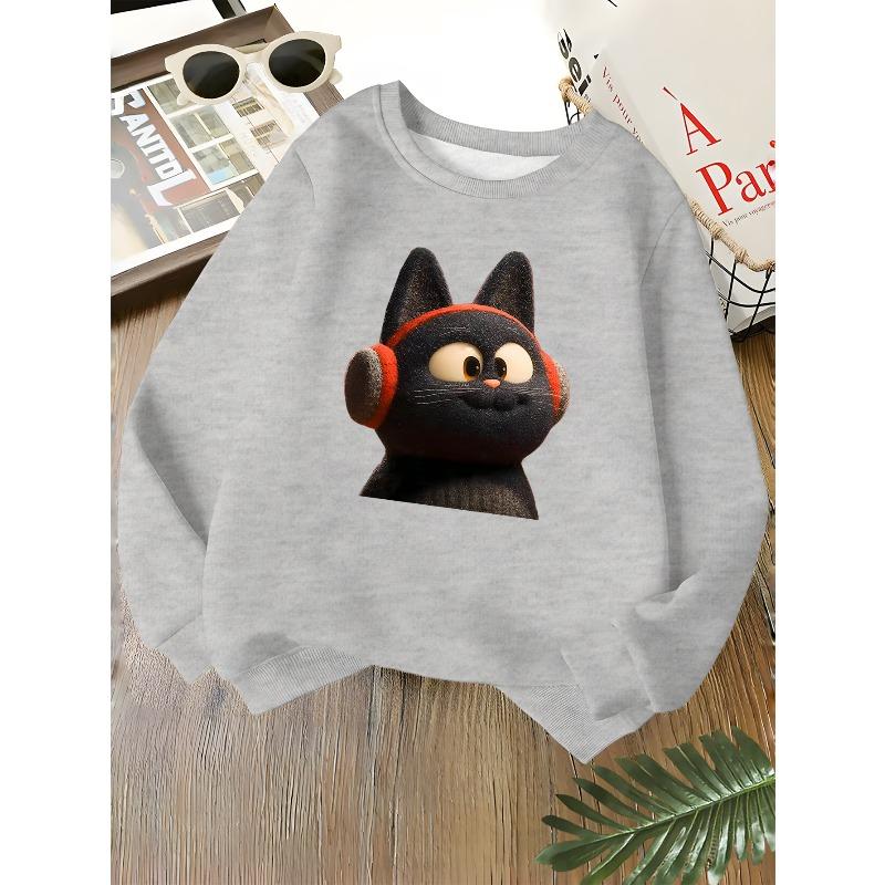 Kids Unisex Crewneck Sweatshirt, Cute Fuzzy Black Cat With Red Earmuffs Cartoon Print Soft Fleece Long Sleeve Pullover For Boys Girls Over 4 Years Old