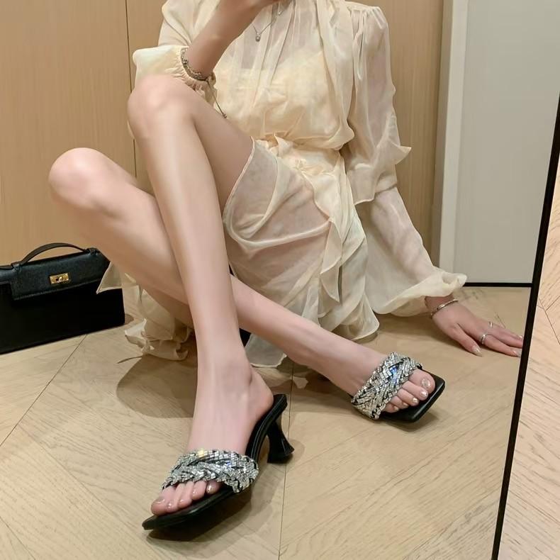 Summer New Rhinestones with Sandals Women's Summer Thick Heel Outer Wear Casual Daily High Heels
