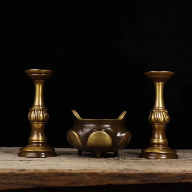 Brass Three Offering Ornaments Altar Tai Shan Buddha Hall Special Burner Barrel Incense Holder Wax Stand