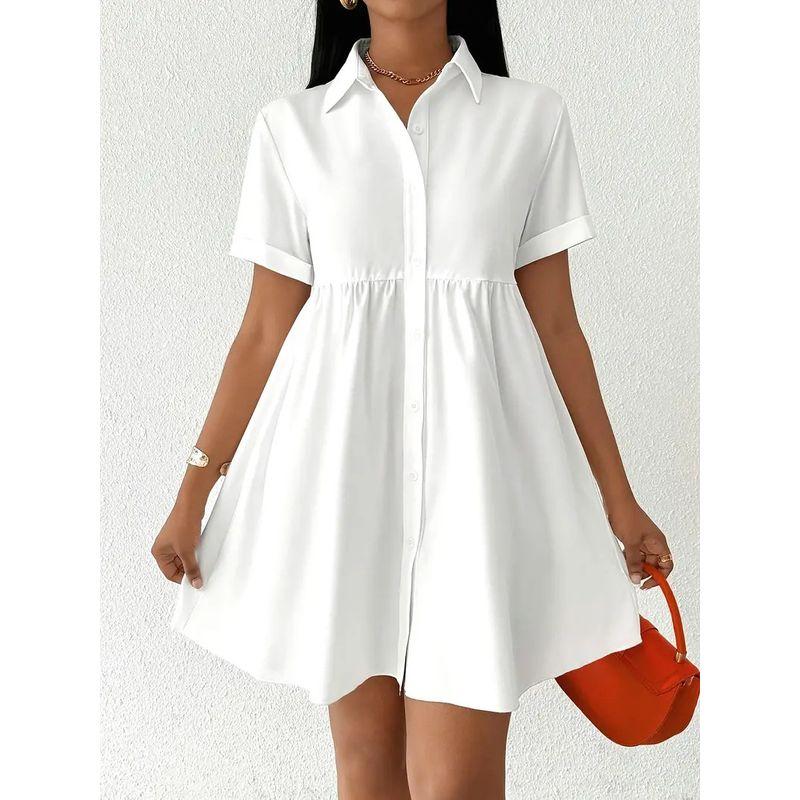 

Plus Size Women s Cross-Border Fashion Style Fashion Commuter Ol Geometric Pattern Lapel Single Breasted Short Sleeve Shirt Dress White 1 S