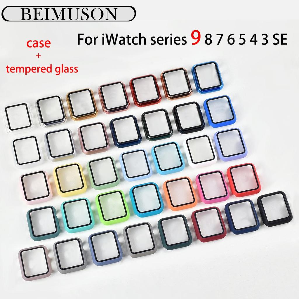 Tempered Glass+cover For Apple Watch 9 8 41mm 45mm 42mm 38mm PC Bumper Screen Protector Case iWatch Series 7 6 5 4 Se 44mm 40mm