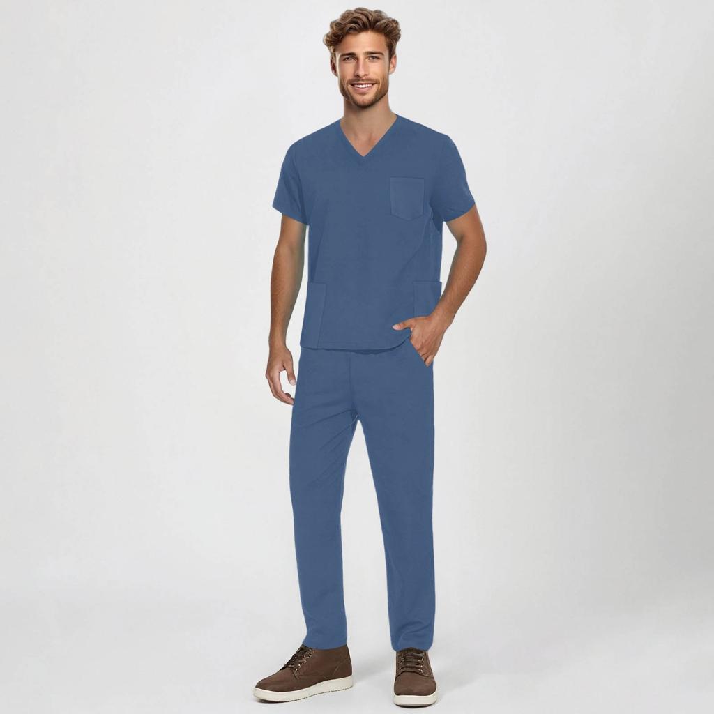 Men's Short-sleeved V-neck Solid Color Printed Breast Pocket Care Top Elastic Waist Trousers Two-piece Work Suit
