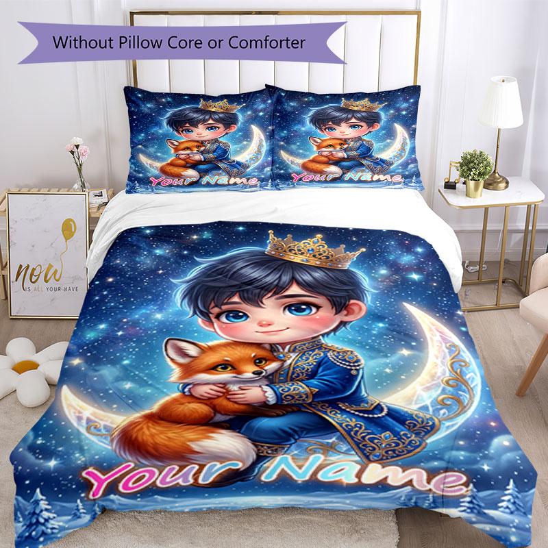 3PC Custom Name "Royal Fox Adventure Night" Bedding Set Duvet Cover Closure Includes 1 Duvet Cover & 2 Pillowcases for Bedroom