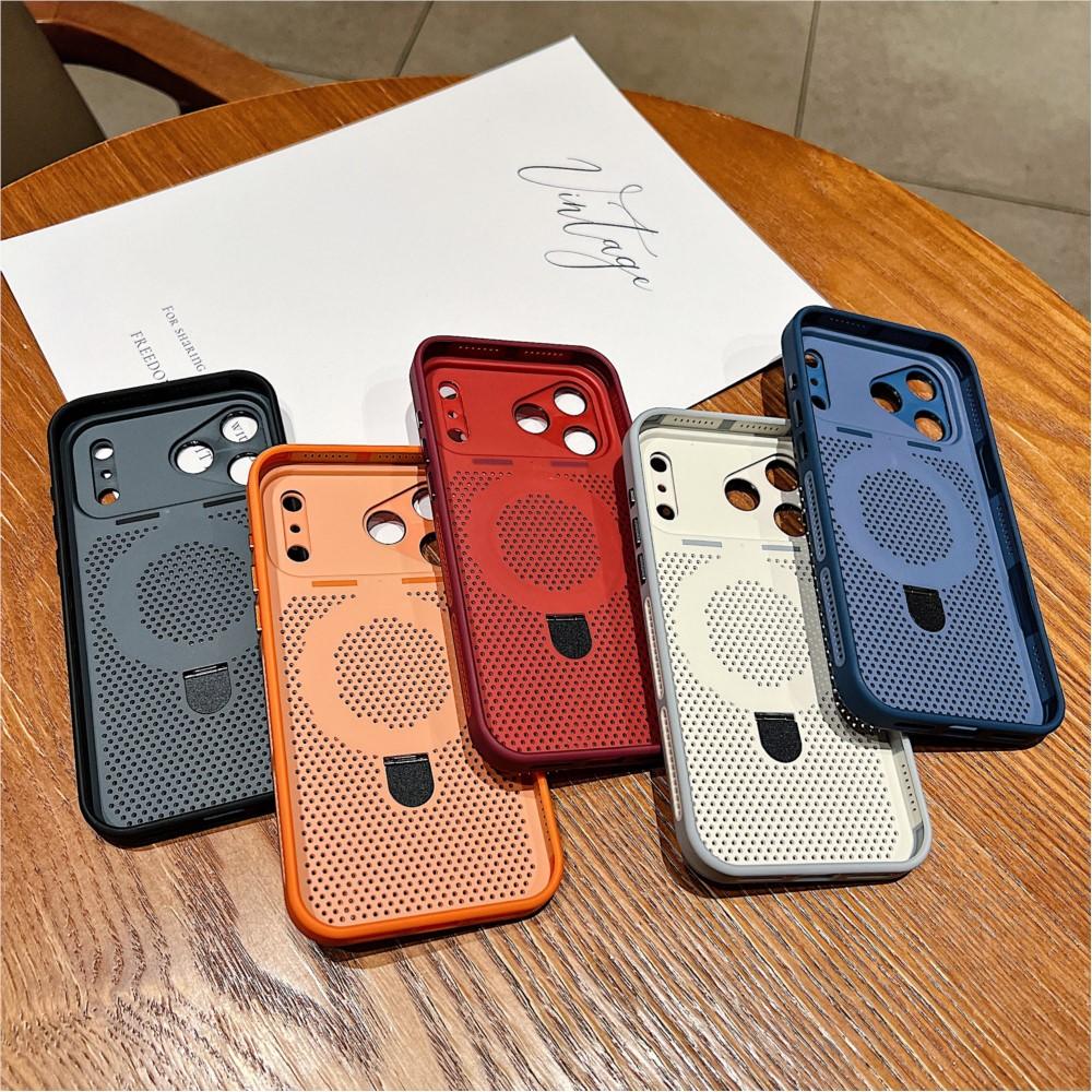 Luxury Heat Dissipation Cooling Mesh Hole Case for iPhone 17 16 15 14 Plus 13 12 Pro Max For Magsafe Stand Holder Armor Cover
