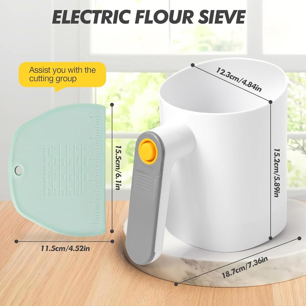 Electric Flour Sifter, Battery Operated Flour Sifter for Baking with Dough Scraper, Ergonomical Handle Flour Sieve for Cooking, Pastry Baking, Easy