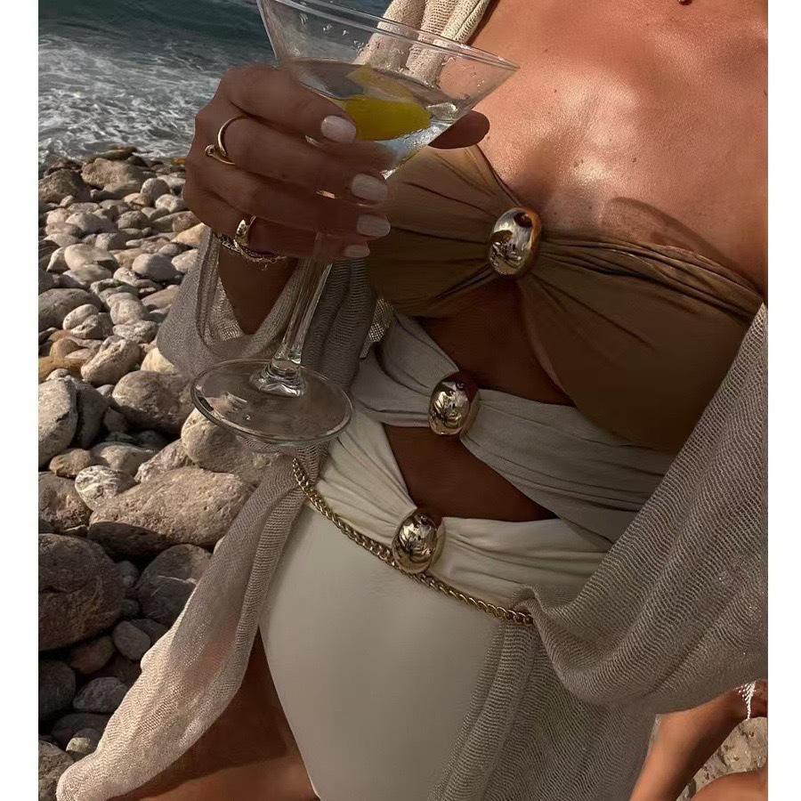 Costum de baie bikini întreg patchwork cu fustă pentru femei 2025, culoare uni