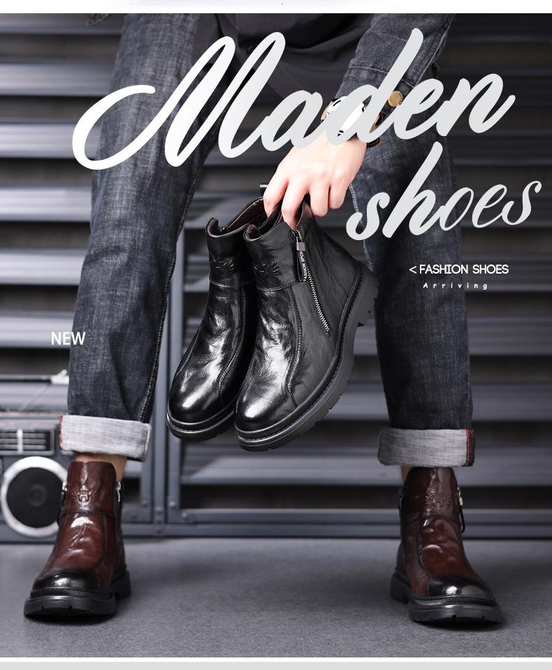 Men's Genuine Leather High-Top Martin Boots with Velvet Lining - Stylish and Warm Motorcycle Work Boots