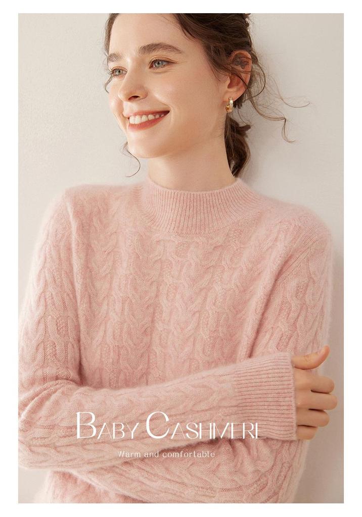 Women's High Neck Cable Knit Cashmere Sweater, Loose Fit, Solid Color, Thick Inner Layer for Autumn/Winter 2024