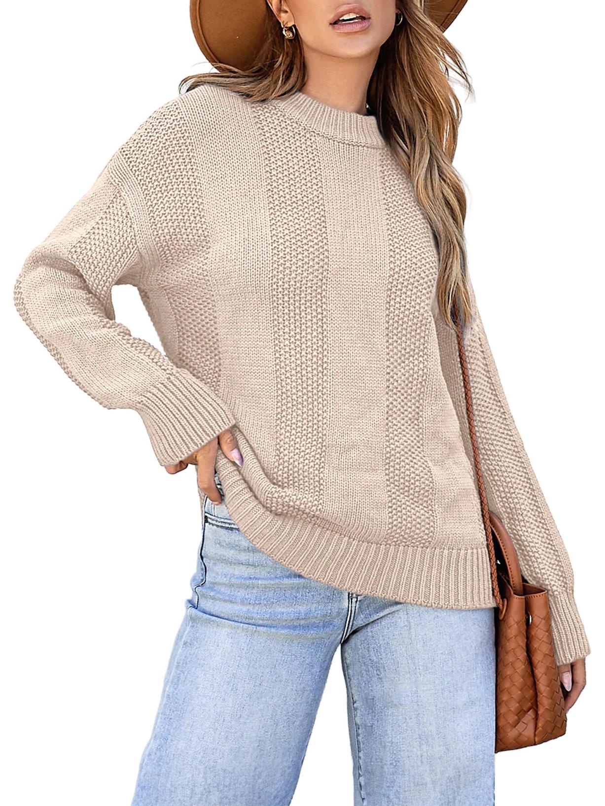 

Женский осенне-зимний свитер с длинным рукавом, круглым вырезом и кабельной вязкой - европейский/американский стиль, однотонный, повседневный трикотаж. M хаки