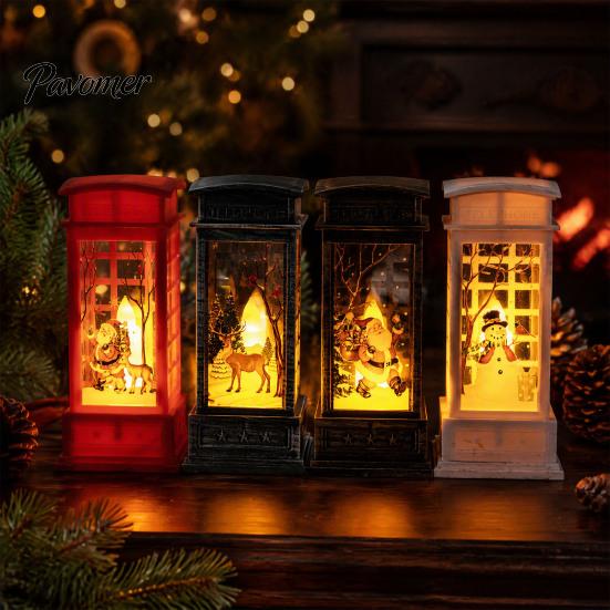Bedroom Bedside Lamp Telephone Booth Christmas Lantern, Vintage LED Flameless Candle Night Light Retro Phone for Desk, Festive Tabletop Decor, Holiday