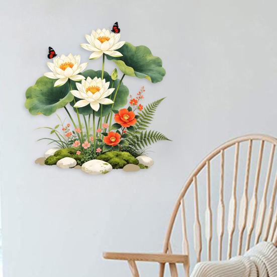 White Lotus Wall Sticker Waterproof Self-Adhesive Flowers Lotus Leaf Wall Decal Peel And Stick