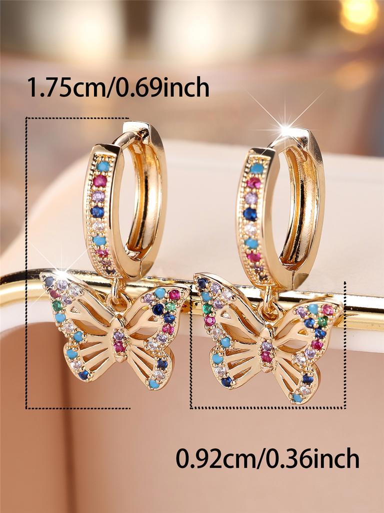 Luxury Female Rainbow Zircon Butterfly Hoop Earrings Fashion Gold Color Wedding  For Women