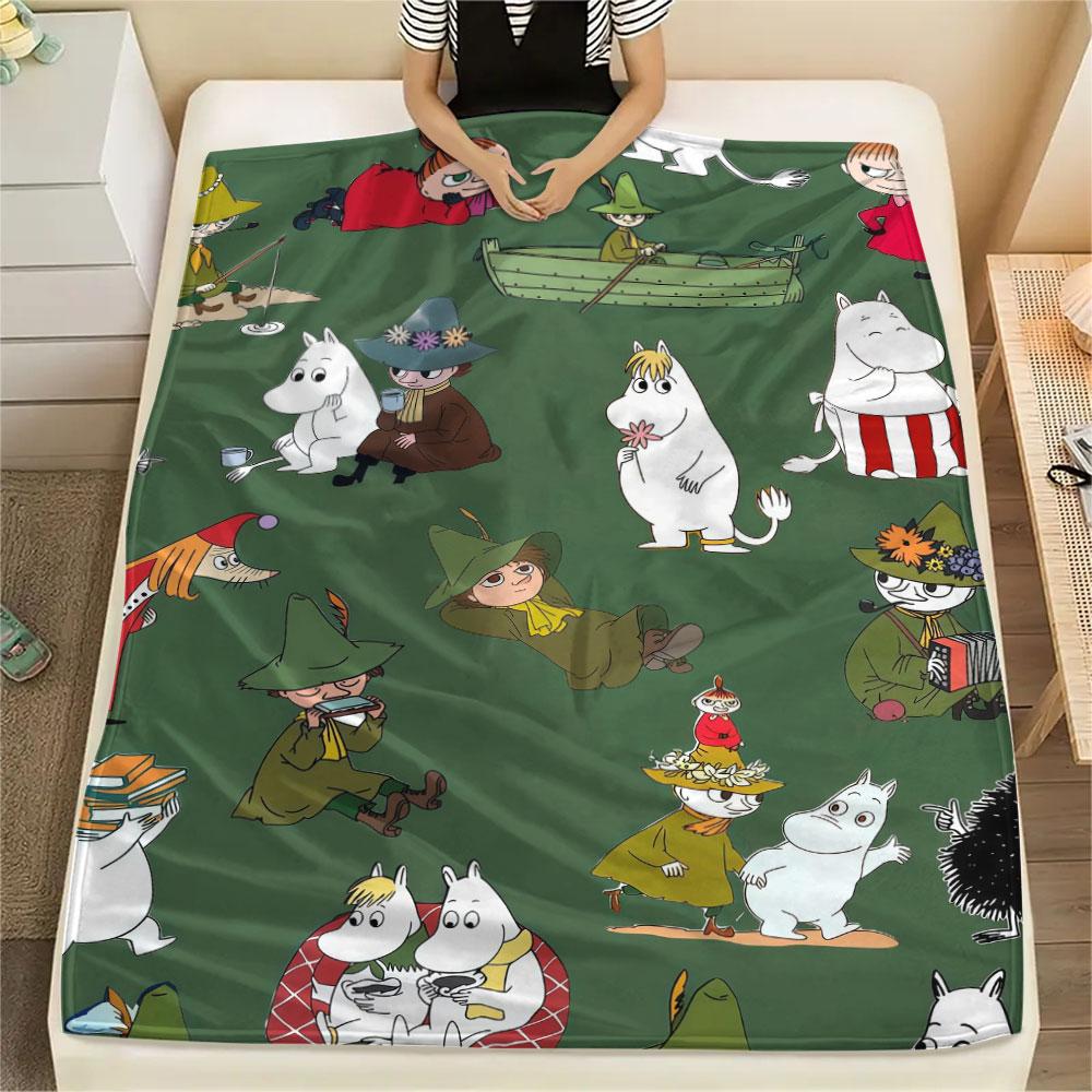 Moomin Printed Flannel Blanket, soft throw for bedroom sofa, washable, fan merchandise, great gift.