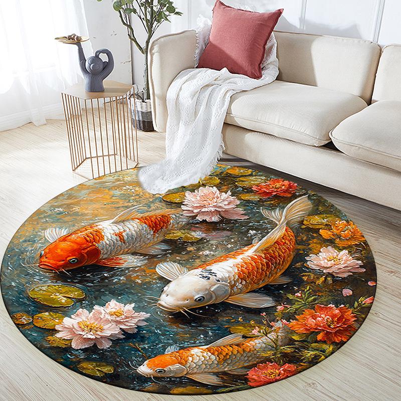 Koi Fish Round Area Rug,Carpet Rug for Living Room Bedroom Sofa Playroom Decor,Non-slip Floor Mat