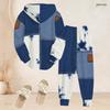 Women Plus Size Blue White Printed Two Piece Set Long Sleeve Hooded Top Cuffed Pants