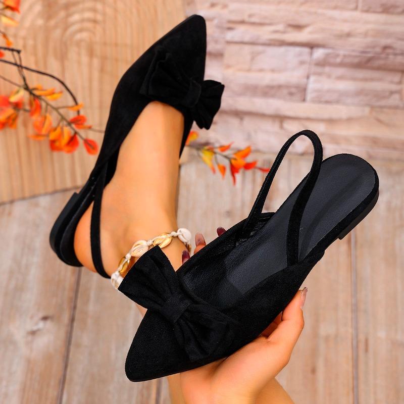 2026 Summer New Bow Baotou Sandals Women's French Pointed Toe Flat Low Heel Back Empty Single Shoes
