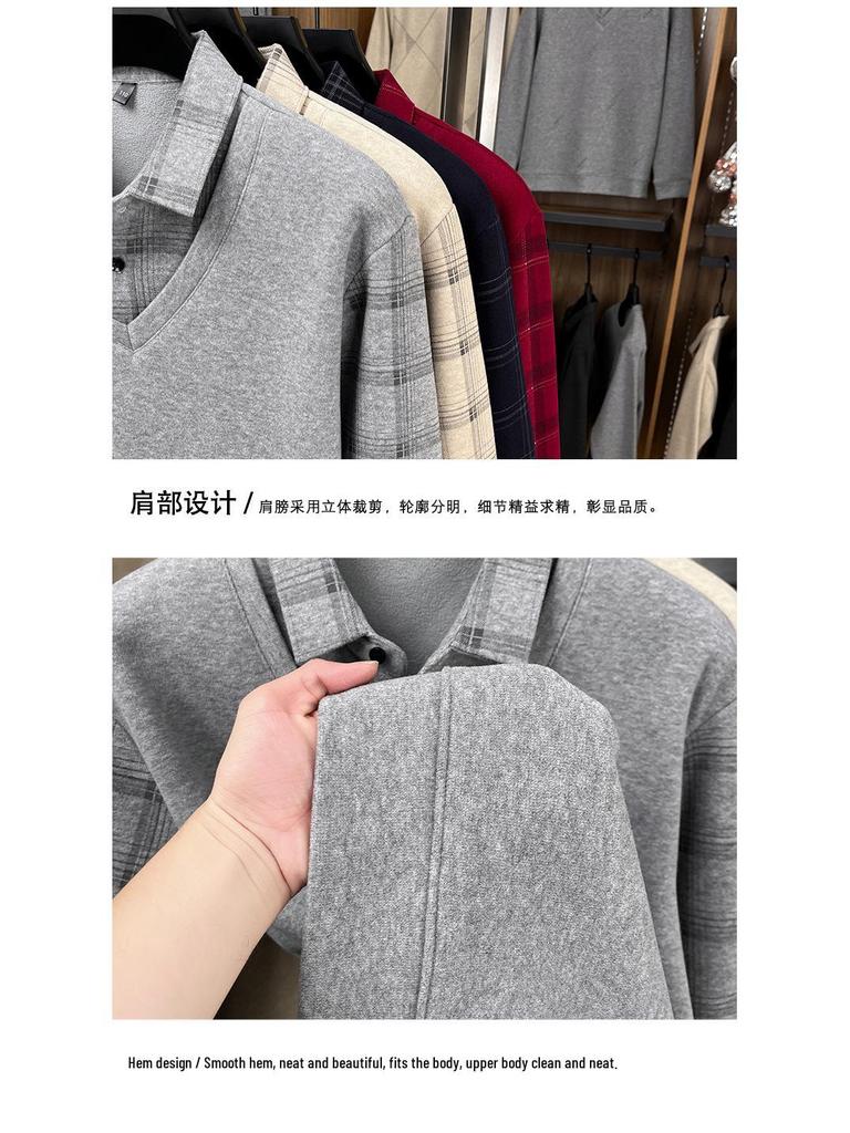 Men's 2025 Winter Plus Velvet Faux Two-Piece Lapel Knitwear for Middle-Aged & Elderly Dads