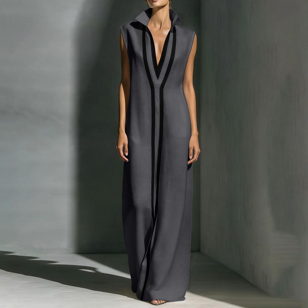 Sleeveless Maxi Dress with V Neck and Contrasting Trim Long Length Relaxed Fit for Casual or Formal Occasions