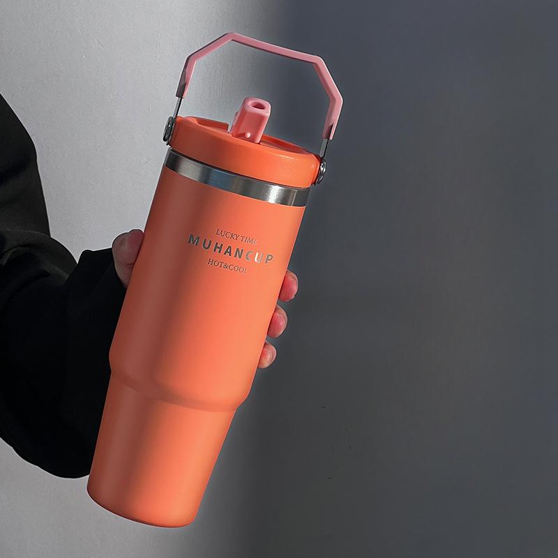 Large Capacity Portable Stainless Steel Ice Bar Thermos Cup High Appearance Level Handy Cup Straw Water Cup Girls Car Coffee Cup