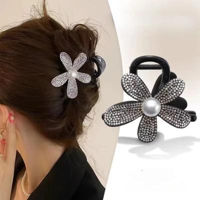 Eleganta Hårklämmor med Stor Pärlblomma för Kvinnor Koreanska Glänsande Kristall Svart Hajfångare Klor Hårnål Flickor Huvudbonader Accessoarer