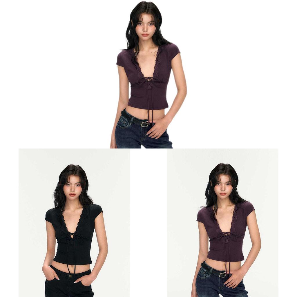 Sexy Black V Neck T Shirt For Women Summer Short Sleeve Slim Fit Casual Top