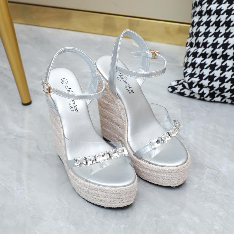 Fashion 14cm Rhinestone European And American Braided Hemp Rope Women's Shoes Large Size Wedge Heel Platform Sandals