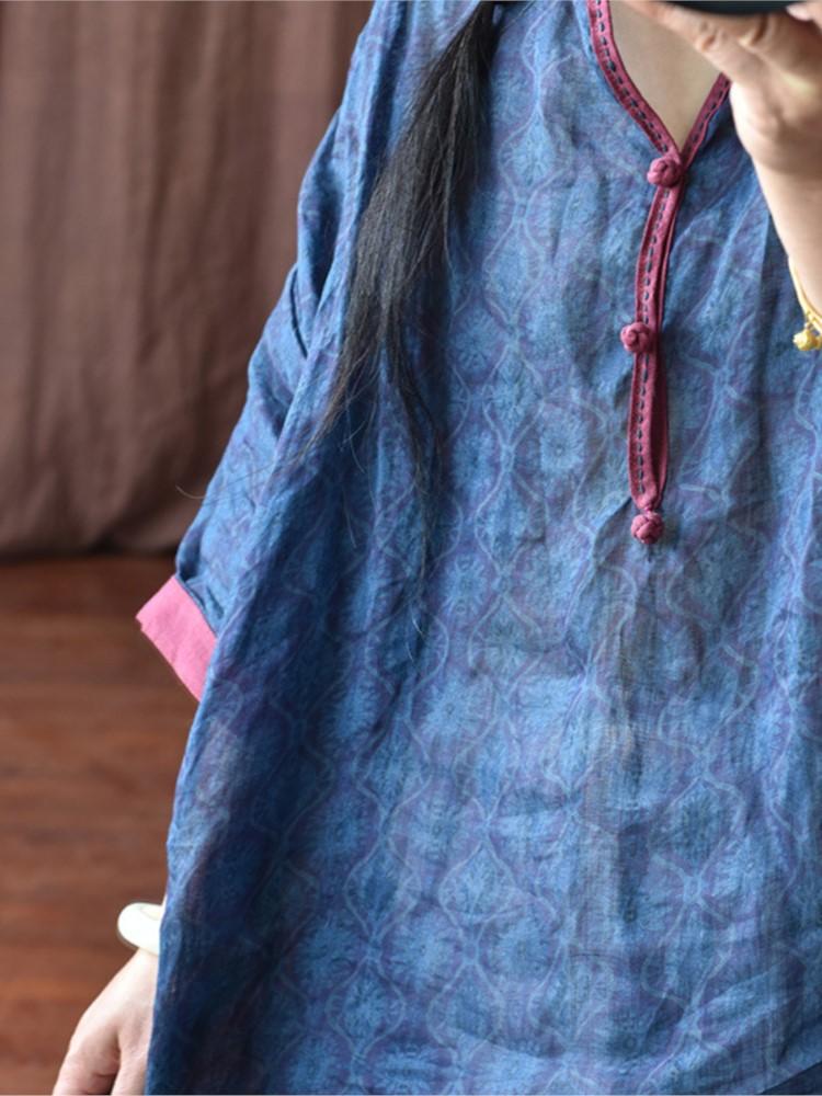 Johnature Women Vintage Ramie Shirts Top Print Floral Button Loose Blouses Summer Seven Sleeve Chinese Style Long Shirt