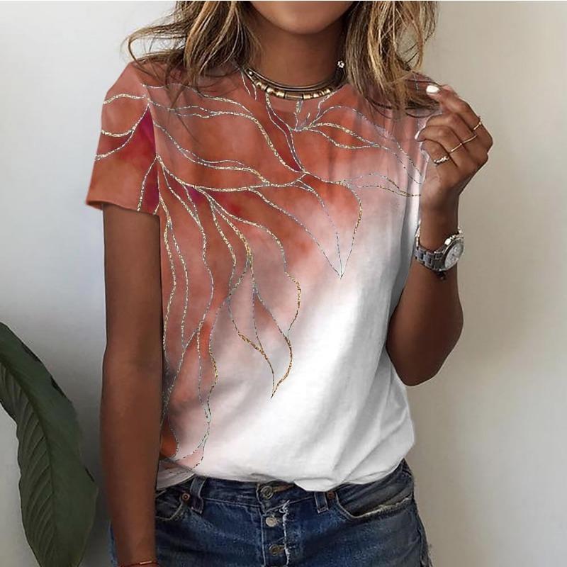 Women's T Shirt Basic Marble Print Short Sleeve Regular Tops Round Neck Casual Weekend Red Blue Purple Green